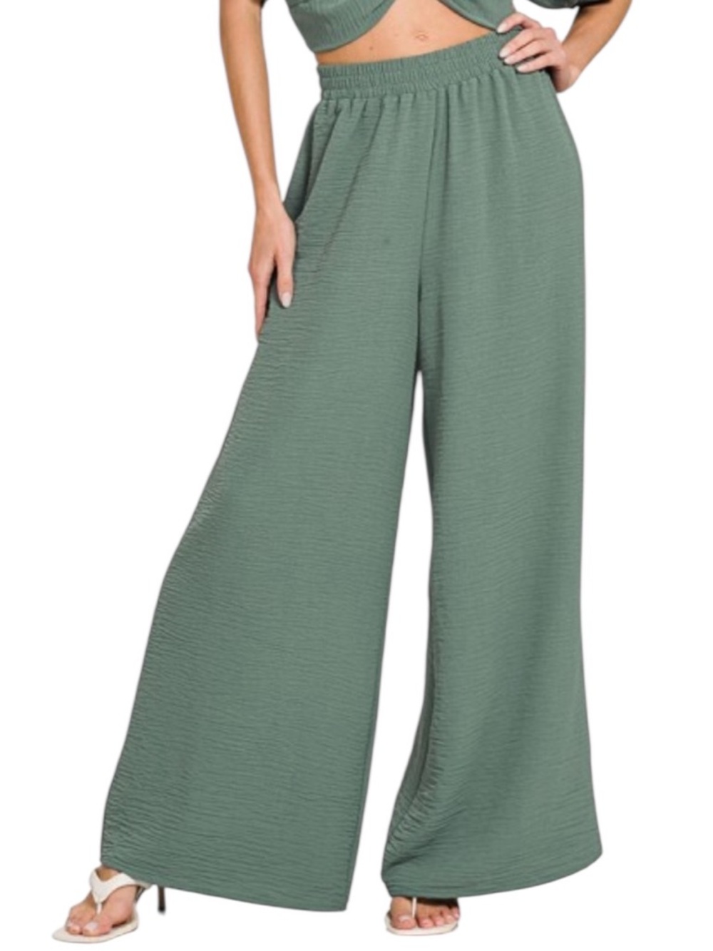 Zenana Ash Jade Woven Twisted Top with Pull on Wide Leg Pants
